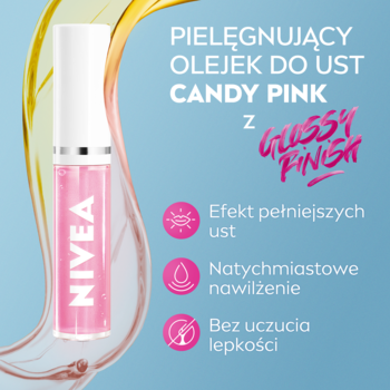 Różowy olejek NIVEA Candy Pink z błyszczącym wykończeniem, aplikatorem i cechami: nawilża, nie klei się.