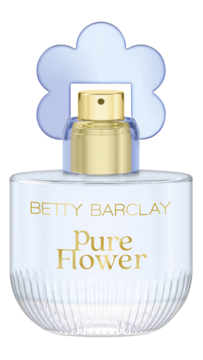 Woda toaletowa Betty Barclay Pure Flower w szklanej butelce z falistym dnem i niebieską zakrętką w kształcie kwiatu, złote napisy.