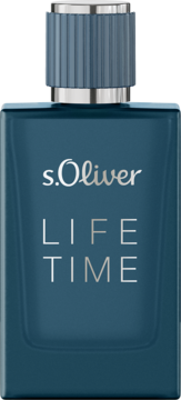 S.Oliver Life Time woda toaletowa dla mężczyzn. Ciemnoniebieska butelka z żebrowanym korkiem, widok z przodu.