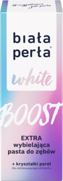 Opakowanie pasty Biała Perła White Boost, gradient niebiesko-fioletowy, z białym panelem i napisem "EXTRA wybielająca".