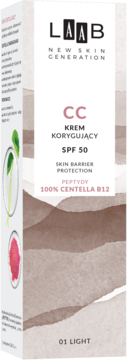 LAAB CC Krem Korygujący SPF 50 z Centellą, 01 Light. Białe pudełko z brązowym wzorem, przód.