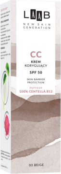 LAAB CC Krem Korygujący SPF 50 03 Beige, pudełko z beżowo-brązowym wzorem, widok z przodu.