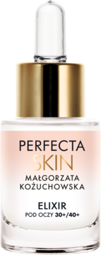 Perfecta Skin Elixir pod oczy 30+/40+. Biała butelka z zakraplaczem, złota nakrętka, widok z przodu.