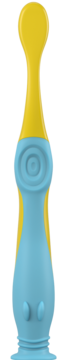 Colgate miękka szczoteczka dla dzieci 3-5 lat, żółto-niebieska, ergonomiczny uchwyt z przyssawką. Widok z przodu.