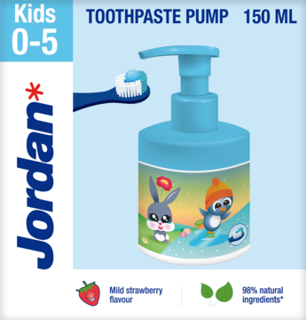 Jordan Kids 0-5 pasta do zębów w niebieskiej pompce 150ml, truskawkowy smak, z postaciami.