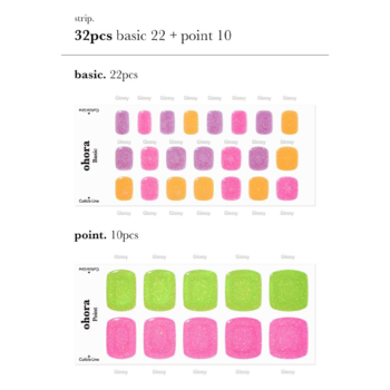Ohora 32szt. naklejek hybrydowych na pedicure: 22 basic w fiolecie, różu, pomarańczy; 10 point w zieleni i różu z wzorem.