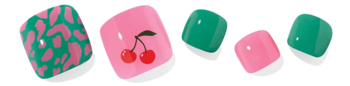 Ohora hybrydowe naklejki do pedicure w designie Cherryz: zielone z różowym wzorem, różowe z wiśniami, gładkie.