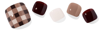 Ohora naklejki hybrydowe do pedicure, wzór 187: pięć żelowych kwadratów w beżu, burgundzie, brązie i bieli na brązowej powierzchni.