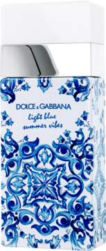 Dolce & Gabbana Light Blue Summer Vibes EDT. Biała butelka w niebieskie wzory, srebrna nakrętka, front.