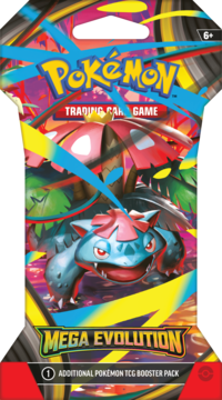 Pokémon TCG Mega Evolution booster pack, front view, with fierce blue Venusaur against vibrant abstract art.