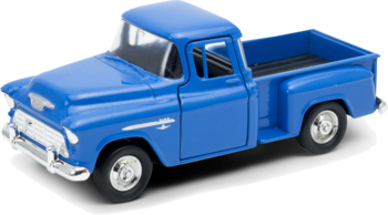 Niebieski metalowo-plastikowy model samochodu zabawkowego Old Timer, pickup, z otwieranymi drzwiami, widok z boku.