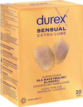 Durex Sensual Extra Lube, bardzo cienkie prezerwatywy w złoto-pomarańczowym pudełku, widok pod kątem.