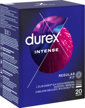 Fioletowo-granatowe opakowanie prezerwatyw Durex Intense, Regular Fit, 20 szt. Widok pod kątem, widoczne prążki i żel.