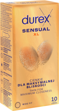 Złote pudełko prezerwatyw Durex Sensual XL, cienkie, "WIDE FIT", widok z przodu pod kątem.