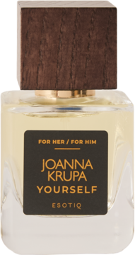 Woda perfumowana Joanna Krupa Yourself Esotiq, kwadratowa butelka z drewnianą nakrętką, widok z przodu.