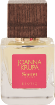 Woda perfumowana Joanna Krupa Secret Sense Esotiq w szklanej butelce z różową etykietą, widok z przodu.