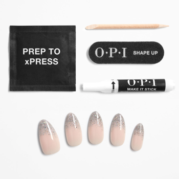 OPI xPRESS-ON kit: 5 sztucznych paznokci nude ze srebrnym brokatem, pilnik, klej, patyczek, wacik.