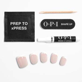 OPI xPRESS-ON French Press zestaw: 5 krótkich, zaokrąglonych paznokci, pilnik, klei, patyczek, wacik. Widok z góry.