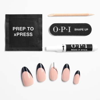 Zestaw OPI xPRESS-ON: sztuczne długie paznokcie (czarno-biały french, linia), klej, pilnik, prep. Widok z góry.