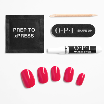 Zestaw OPI xPRESS-ON Strawberry Margarita: 5 różowych sztucznych paznokci, pilnik, patyczek, wacik PREP, klej.