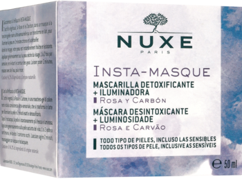 Nuxe Insta-Masque, detoksykująco-rozświetlająca maska z różą i węglem, w białym pudełku, widok z przodu.