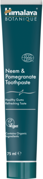 Tubka pasty Himalaya Botanique Neem & Pomegranate, ciemnozielona z białymi napisami, widok z przodu, 75 ml.
