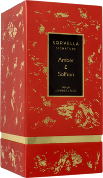 Czerwone pudełko perfum Sorvella Signature Amber & Saffron ze złotymi rozbryzgami, czarną etykietą, widok z przodu.