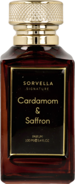 Sorbella Cardamom & Saffron 100ml: Brązowa butelka perfum z złotą zakrętką, czarna etykieta, widok z przodu.