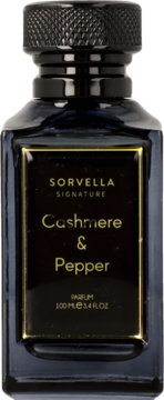 Perfumy Sorvella Signature Cashmere & Pepper, czarna butelka ze złotymi napisami i ryflowanym korkiem, widok z przodu.