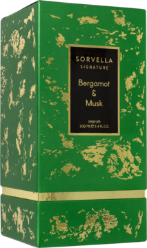 Zielone pudełko perfum Sorvella Signature Bergamot & Musk ze złotymi wzorami, widok frontowy pod kątem.
