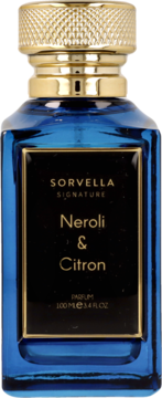 Sorvella Signature Neroli & Citron woda perfumowana w eleganckiej, granatowej butelce ze złotą zakrętką, frontalny widok.