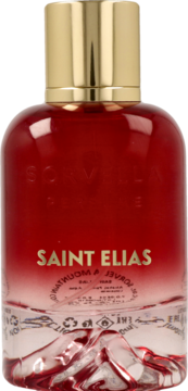 Sorvella Saint Elias Eau de Parfum, widok z przodu. Czerwona butelka ze złotym capem, unikalna rzeźbiona podstawa.