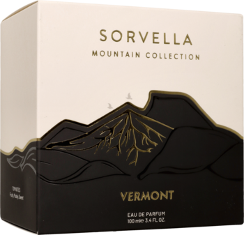 Eleganckie opakowanie wody perfumowanej Sorvella Vermont 100 ml, biało-czarne ze złotym górskim motywem, widok z przodu pod kątem.