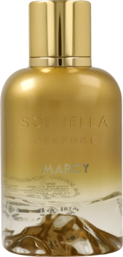 Złota butelka perfum Sorvella Marcy, woda perfumowana, z przezroczystym dnem. Widok z przodu.
