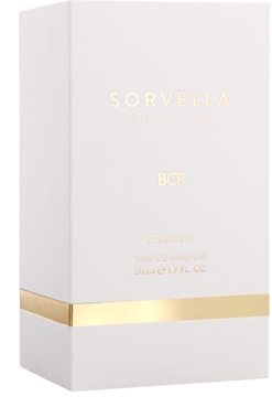 Białe pudełko perfum Sorvella BCR Eau de Parfum 50ml, ze złotymi napisami i paskiem, ujęcie z przodu pod kątem.