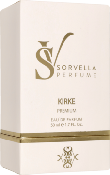 Białe pudełko perfum Sorvella Kirke 50ml EDP, widok z przodu, ze złotym logo i czarnym napisem.