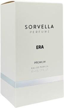 Białe kartonowe pudełko perfum SORVELLA ERA 50ml, widok z przodu pod lekkim kątem, z napisem "PREMIUM" i srebrnym paskiem.