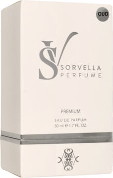 Białe prostokątne pudełko perfum Sorvella OUD Eau de Parfum 50 ml, z szarym logo i etykietą OUD, widok pod kątem.