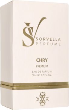 Białe opakowanie perfum Sorvella CHRY Premium 50ml z złotymi akcentami, widok pod kątem.