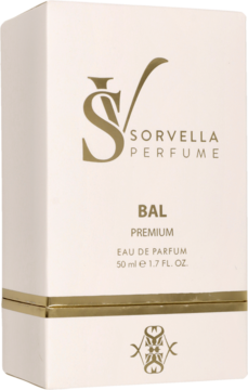 Sorvella BAL Premium Eau de Parfum 50 ml w białym pudełku ze złotymi detalami, ujęcie z przodu pod kątem.