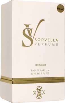 Białe opakowanie perfum Sorvella Premium z ambroksanem 50ml, złote logo i detale, widok pod kątem.