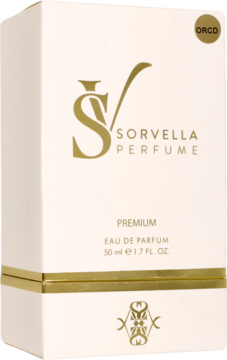 Białe pudełko Sorvella Perfume Eau de Parfum Black Orchid 50ml, złote logo i napisy, widok z przodu i boku.