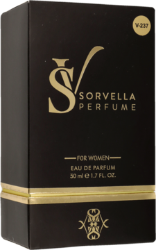 Czarne pudełko perfum Sorvella For Women 50ml ze złotym logo, paskiem i napisem, ujęcie z przodu pod kątem.