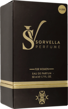 Czarny kartonik perfum Sorvella, 50ml Eau de Parfum dla kobiet, ze złotym logo i kodem V-208, widok z przodu.