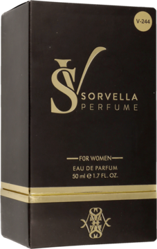 Czarna paczka perfum Sorvella Perfume for Women 50ml ze złotymi napisami i pasem, ustawiona pod kątem.
