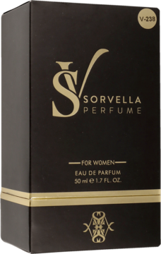 Sorvella V-238, perfumy damskie 50ml w czarnym pudełku ze złotym logo, widok z przodu.
