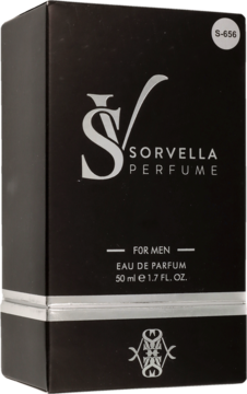 Czarne pudełko Sorvella Perfume S-656, 50 ml Eau de Parfum dla mężczyzn, z białym napisem i srebrnym paskiem.