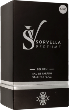 Sorvella S530 męskie perfumy EDP 50ml, czarne matowe pudełko ze srebrnym logo i tekstem, widok pod kątem.