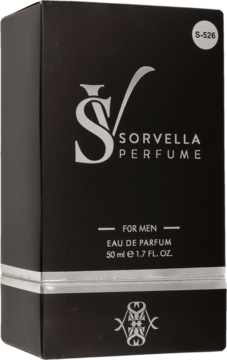 Czarne pudełko perfum Sorvella for Men 50 ml, widok z przodu, ze srebrnym logo i białym numerem S-526.