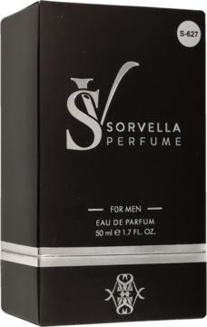Czarny kartonik perfum Sorvella For Men 50 ml z srebrnym napisem i oznaczeniem S-627, widok z przodu.
